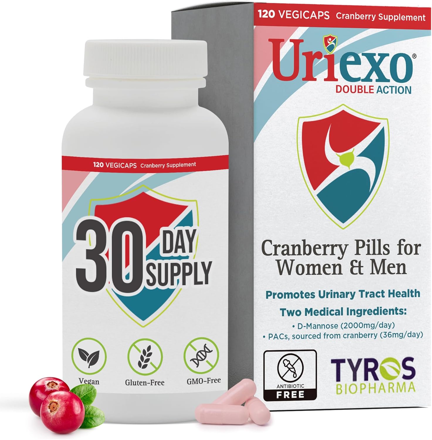 Uriexo Double Action Capsules, Cranberry Pill for Women and Men Supplement, Urinary Tract Cleanse and Protect Supports Wellness & Confidence - 30 Days Supply