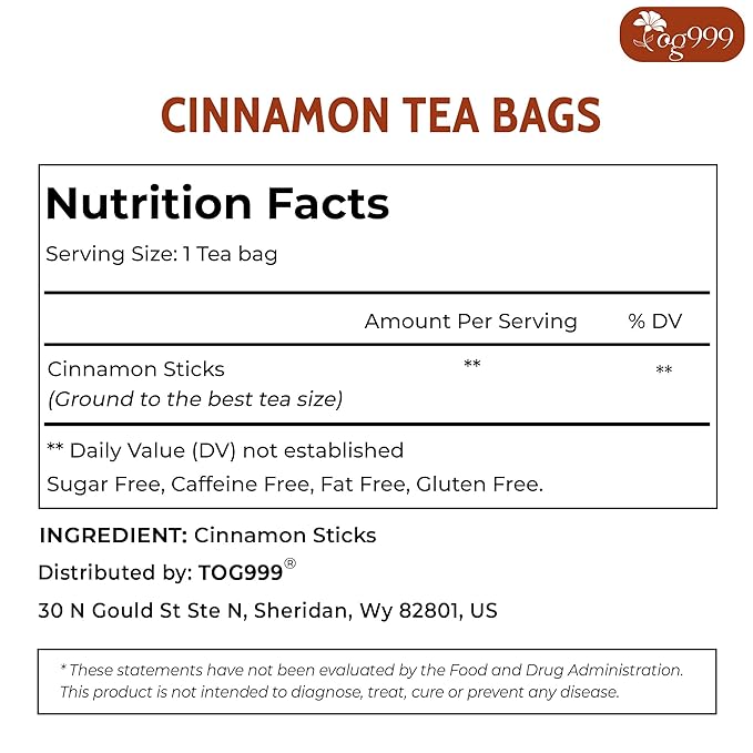 TOG999, Premium 135 Tea Bags - Special Cinnamon Tea, 100% Natural & Pure. Cinnamon Stick Herbal Spice Tea. No Sugar, No Caffeine, No Gluten, Vegan.