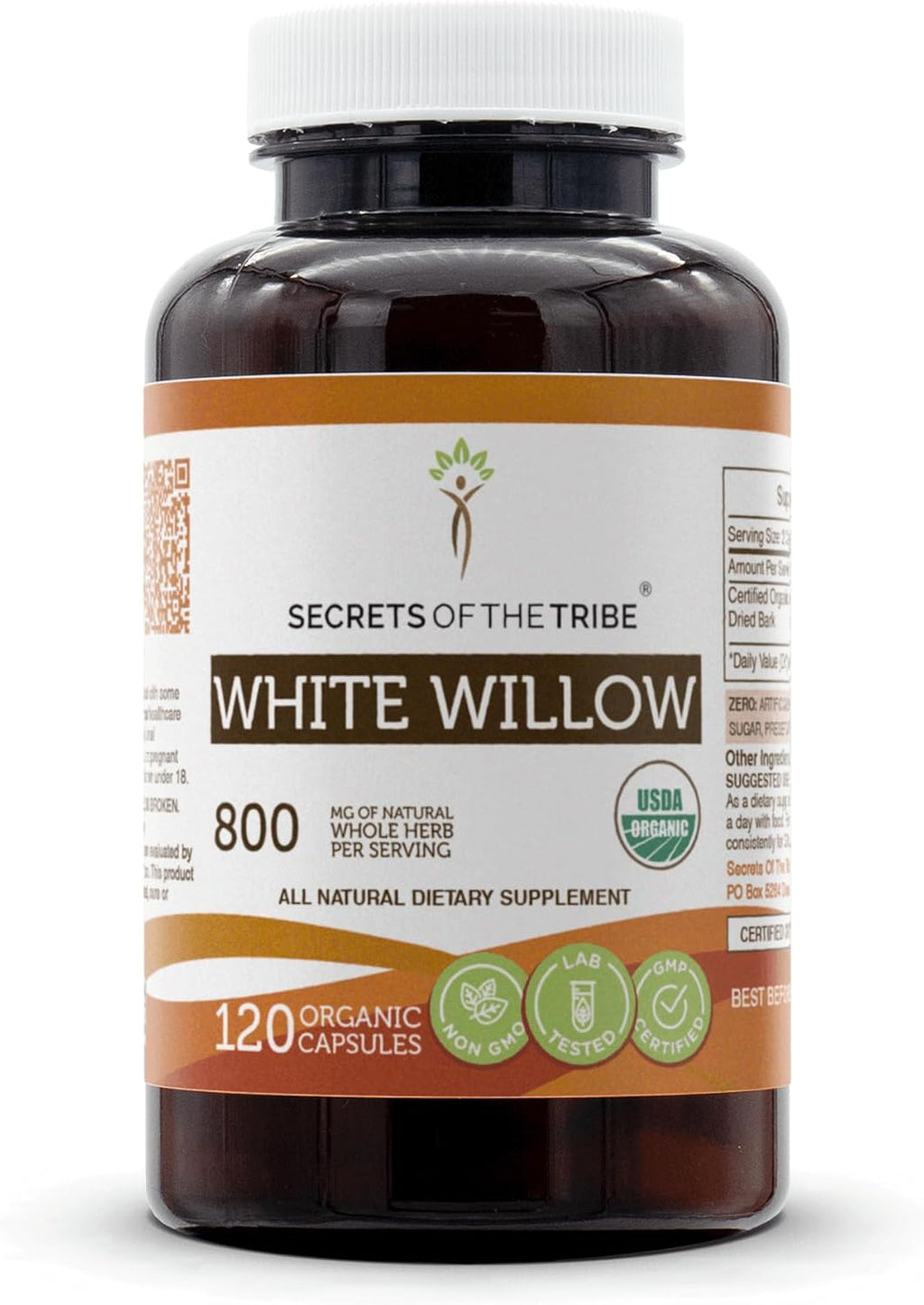 Secrets of the Tribe White Willow Capsules 800 mg USDA Organic White Willow (Salix Alba) Dried Bark (120 Capsules)