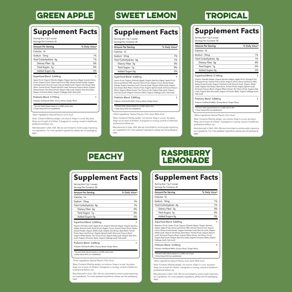 Clean Simple Eats Greens Variety 10 Pack, Greens Powder Mix, Packed with Superfoods Chlorella & Spirulina, Includes 5 Delicious Flavors: Peachy, Green Apple, Raspberry Lemonade, Sweet Lemon & Tropical