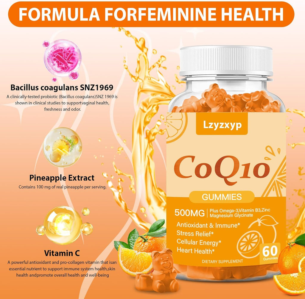 CoQ10 Oranges Gummies 500mg-3X Better Absorption Coenzyme Q10 Supplements - Plus Omega-3, Magnesium, Vitamin B3 & Zinc for Heart Health, Cellular Energy & Antioxidant, Vegan, Non-GMO 60 Ct (1)