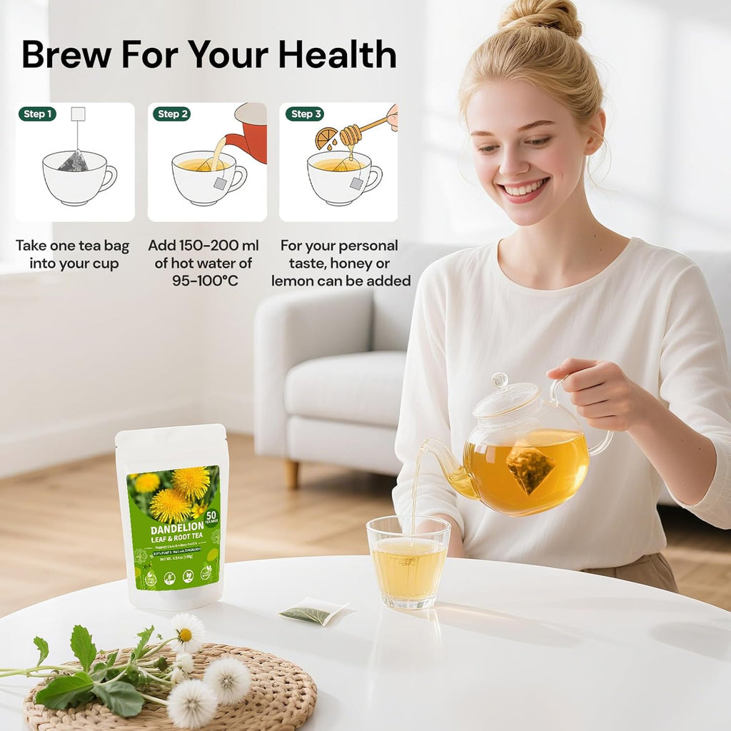 Dandelion Leaf and Root Tea bags, Natural Chinese Detox Herbal Tea Support Liver & Kidney Health and Aid Digestion Caffeine Free (1 Pack/100 Bags)