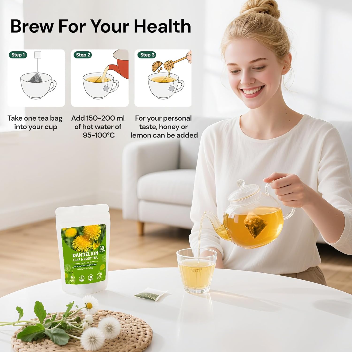 Dandelion Leaf and Root Tea bags, Natural Chinese Detox Herbal Tea Support Liver & Kidney Health and Aid Digestion Caffeine Free (1 Pack/100 Bags)