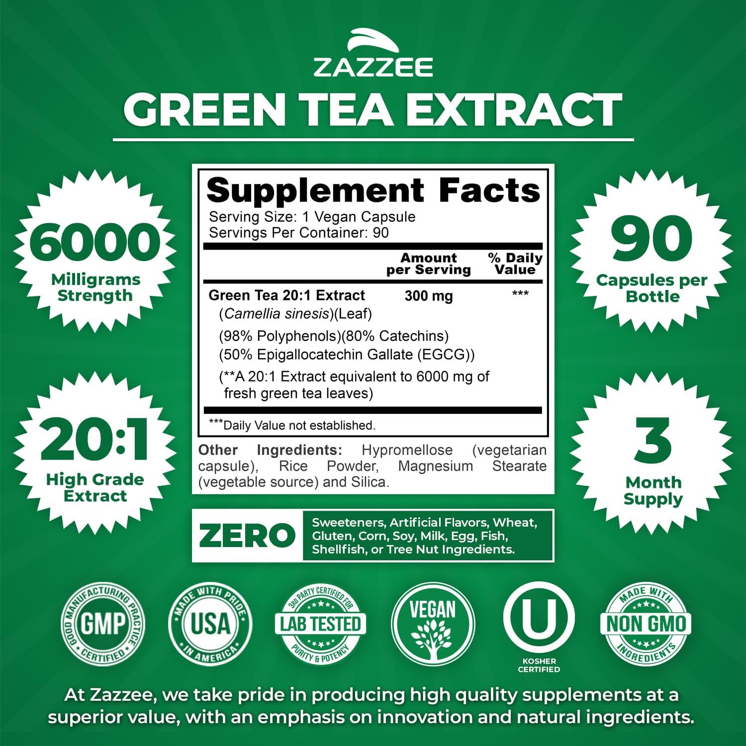 Zazzee Extra Strength Green Tea 20:1 Extract, 6000 mg Strength, 50% EGCG, 98% Polyphenols and 80% Catcehins, 90 Vegan Capsules, 3 Month Supply, Standardized and Concentrated 20X Potency, Non-GMO