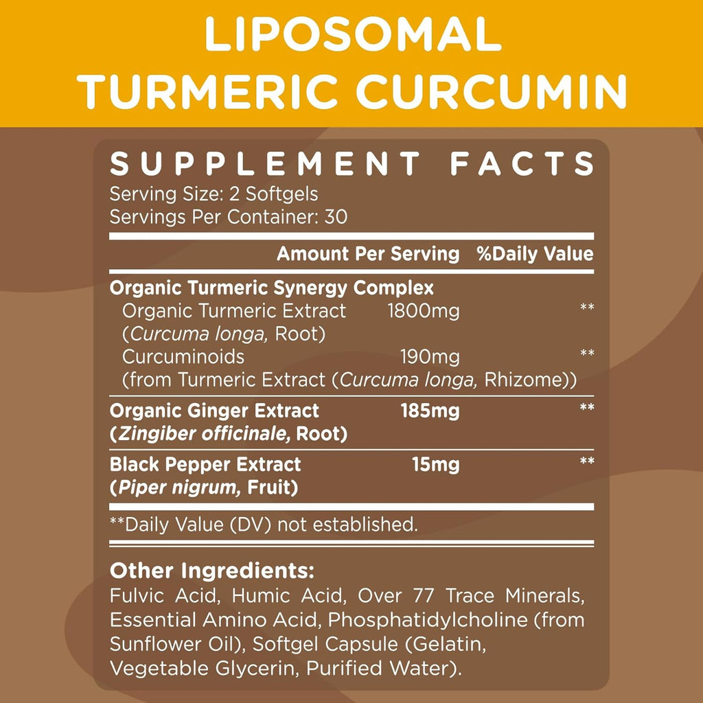 Liposomal Turmeric Curcumin Supplement 2200 mg with Black Pepper Extract 15 mg for High Absorption and Joint Function, 60 Softgels for Adults