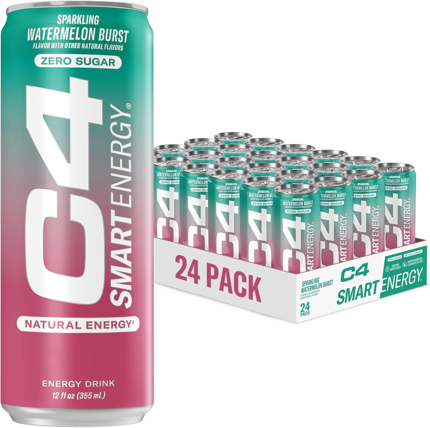 C4 Smart Energy Drink - Sugar Free Performance Fuel & Nootropic Brain Booster, Coffee Substitute or Alternative | Watermelon Burst 12 Oz - 24 Pack