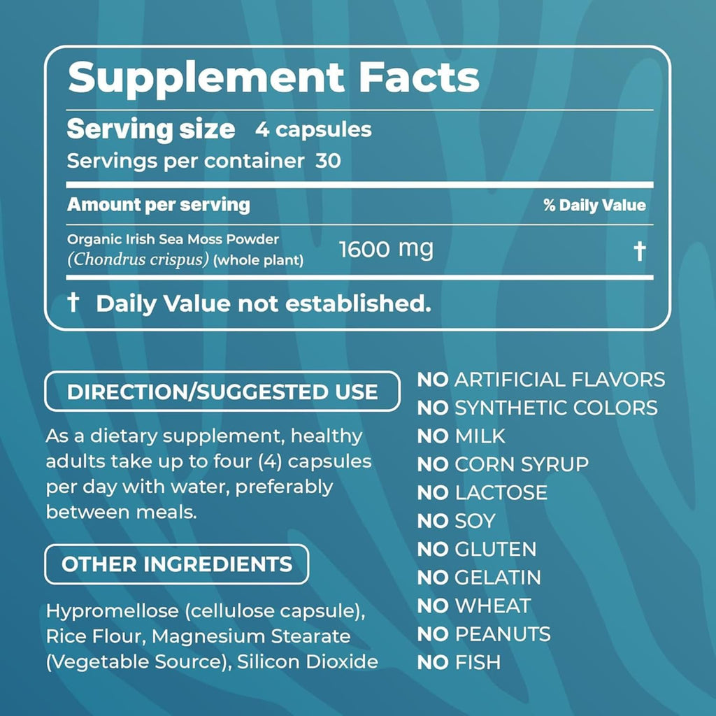 Irish Sea Moss Capsules - 120 Original Capsules (1600mg) - Prebiotic Superfood - Boosts The Immune & Digestive System - Healthy Skin, Keto Detox, Gut, Joint Support