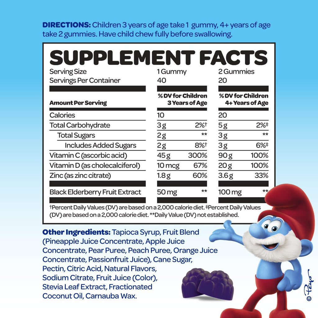 Smurfs Kids Immune Support Gummies | Black Elderberry Vitamin C and Zinc Kids Immunity Gummies | Made with Real Fruit | Doctor Developed | Non-GMO & No Artificial Flavors or Colors | 40 Gummies