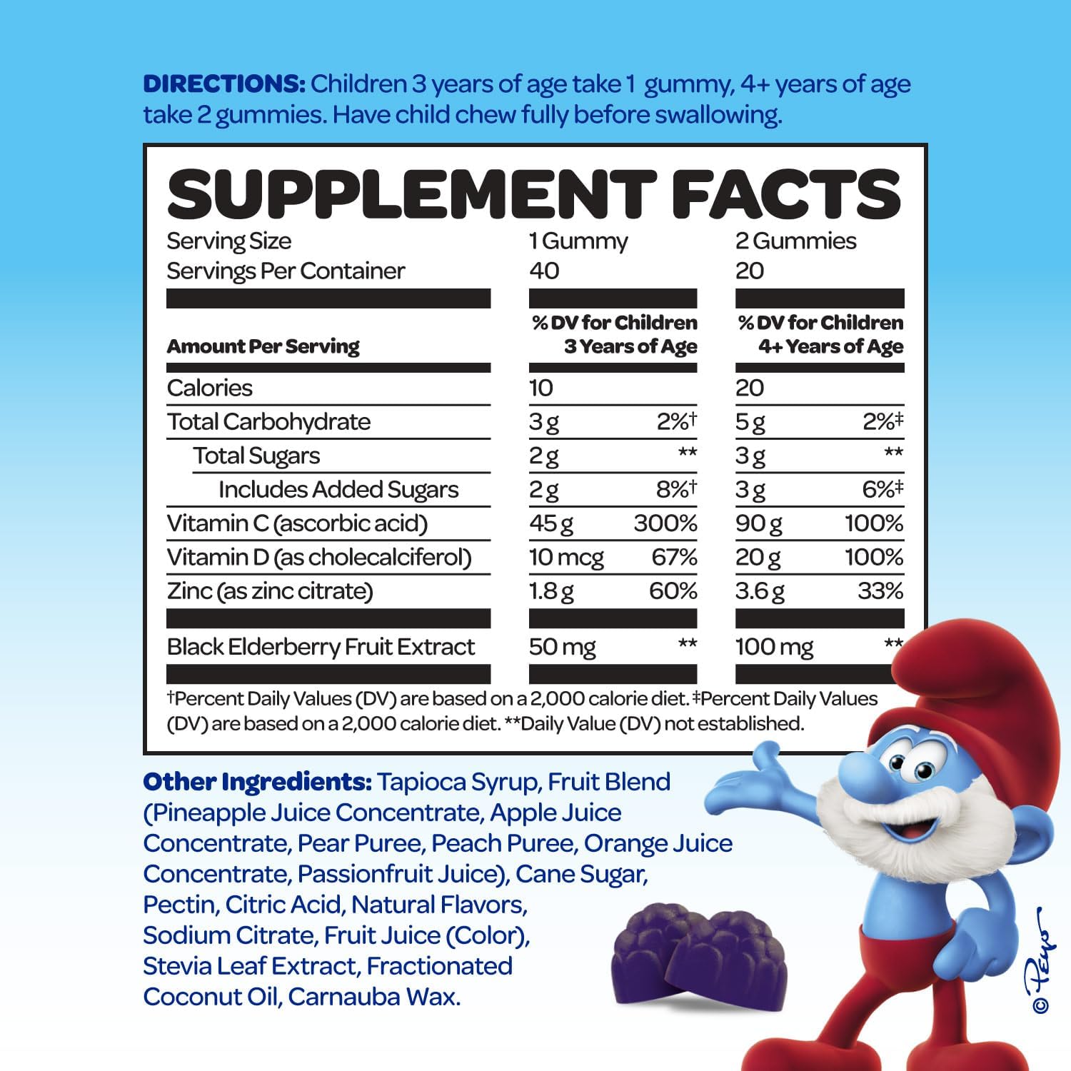 Smurfs Kids Immune Support Gummies | Black Elderberry Vitamin C and Zinc Kids Immunity Gummies | Made with Real Fruit | Doctor Developed | Non-GMO & No Artificial Flavors or Colors | 40 Gummies