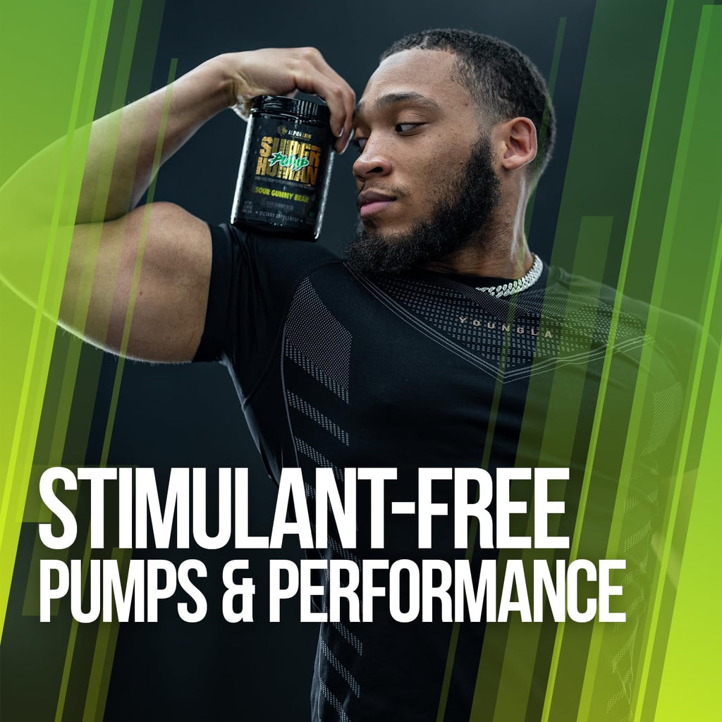 ALPHA LION Superhuman Pump Pre Workout Powder, Nootropic Caffeine & Stim Free Preworkout Supplement, Nitric Oxide Booster, Muscle Gainer, Energy & Focus (42 Servings, Sour Gummy Bear)