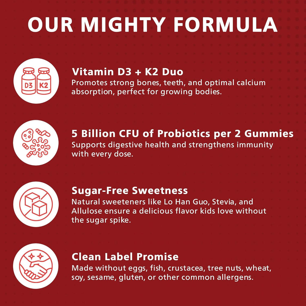 KEN Vitamin D3 K2 with Probiotic for Kids, Sugar-Free Gummies for Calcium Absorption, Bone Support, 5 Billion CFU Probiotics for Gut Balance and Immune Function, Non-GMO 120 Strawberry Flavor Gummies