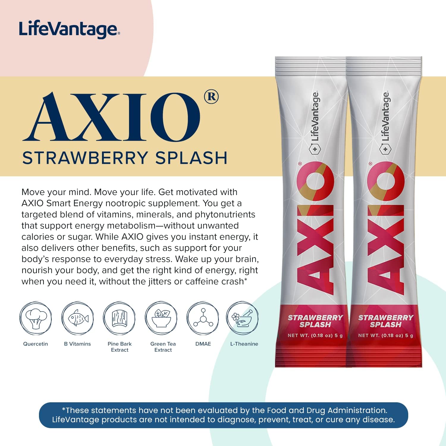 LifeVantage AXIO Regular Energy Drink Powder, Nootropic Supplement, Focus & Mood Support, with L-theanine, Green Tea, B Vitamins, DMAE, Quercetin & Pine Bark, Strawberry Splash, 30 Packets