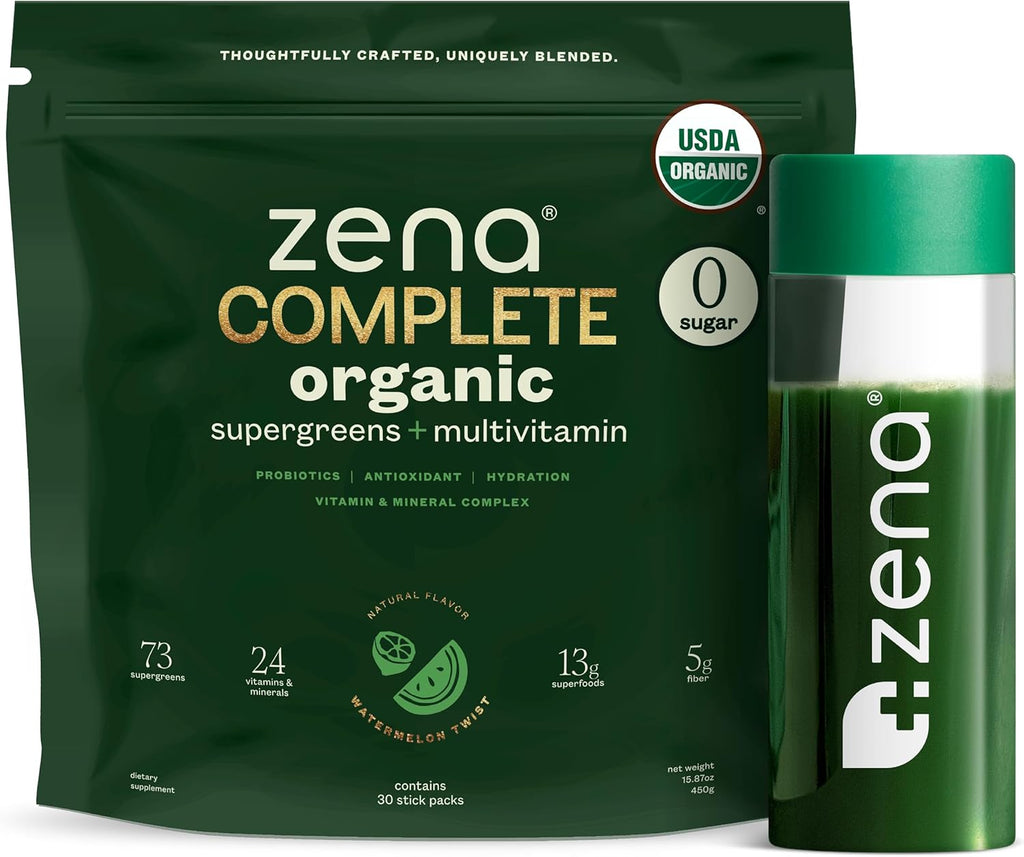 Zena Complete Organic Super Greens Powder & Multivitamin, 90+ Supergreens, Fruits, Veggies, Pre & Probiotics, Watermelon Citrus Flavor, 30 Packets + Water Bottle