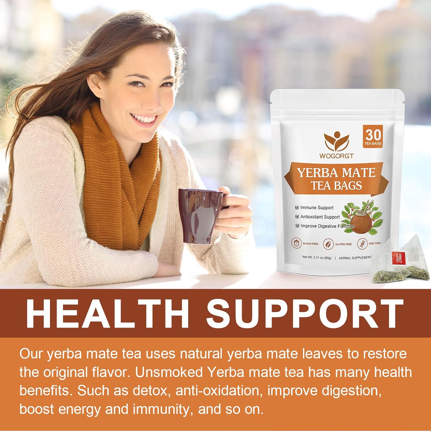 Yerba Mate Tea - Unsmoked Yerba Mate Herbal Tea Bags for Antioxidant, Detox, Digestion and Immune Support, Boost Energy - 30 Tea Bags