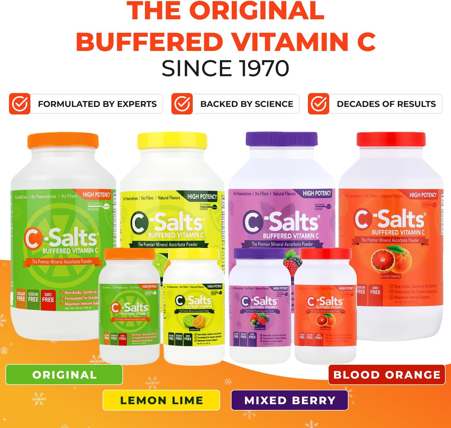 C-Salts Original Vitamin C Powder Supplement - 100% Pure High Dose Buffered Vitamin C Powder for Immune Support - Sugar-Free Powdered Drink Ascorbate, Organic, Stomach-Friendly, Blood Orange 26oz