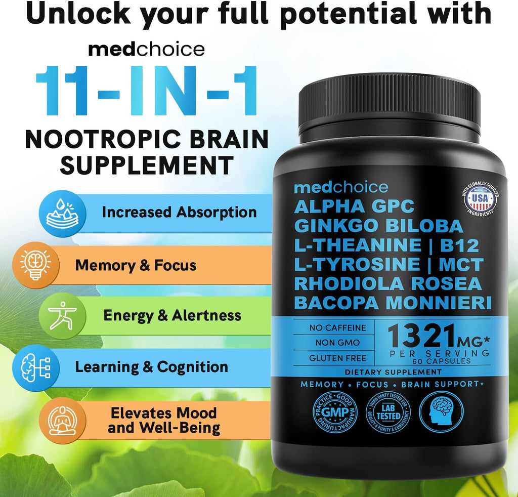 MEDCHOICE 12-in-1 Nootropic Ginkgo Biloba for Brain Support, Memory and Focus - B12, Alpha GPC, L Theanine and Choline Supplements with Bioperine Non Caffeinated 1321mg (240ct)
