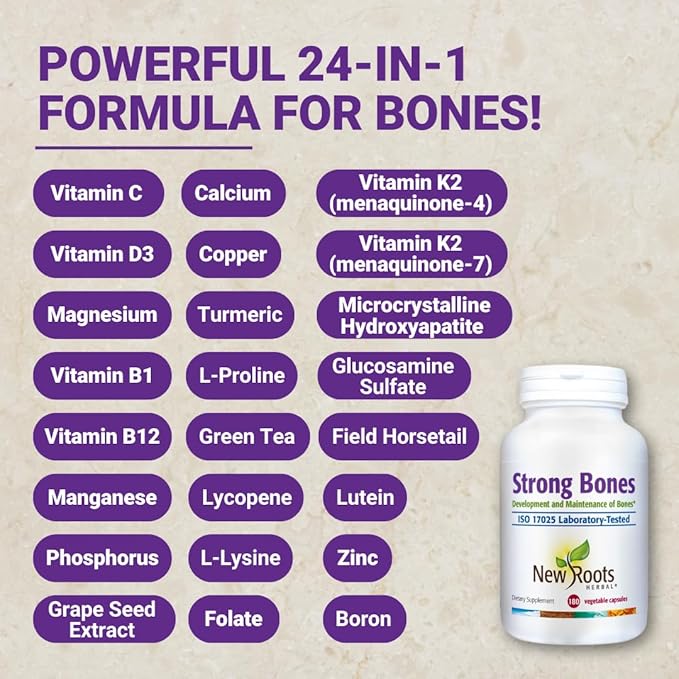 Strong Bone Supplement | 22-in-1 Formula with Glucosamine Sulfate, Calcium, Magnesium, Turmeric, Vitamin D3, B1, K2, B12, Zinc, Enhanced Absorption (180 Veg Caps) | New Roots Herbal