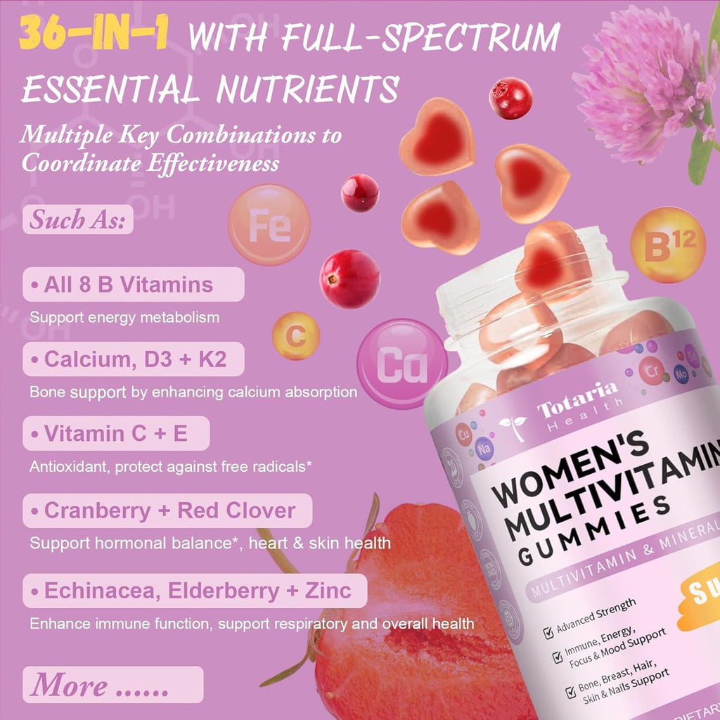 Sugar Free Multivitamin Gummies for Women 14+ w/Inositol, Iron, Folate, Biotin, Womens Daily Multivitamin Gummy w/Vitamin A, D, C, B, Support Hair, Skin, Energy, Immune, Strawberry Flavor