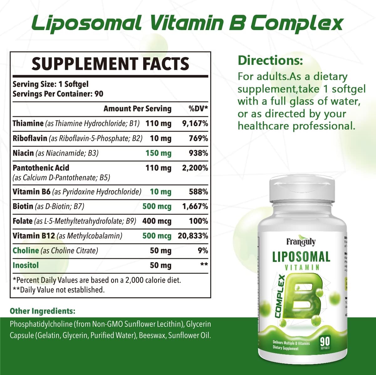 Active B Complex Liposomal B Vitamins with Plus Choline Inositol High Potency B Complex B1, B2, B3, B5, B6, Biotin, Folate, B12 Methylcobalamin- Supports Energy and Brain Health - 270 Softgels