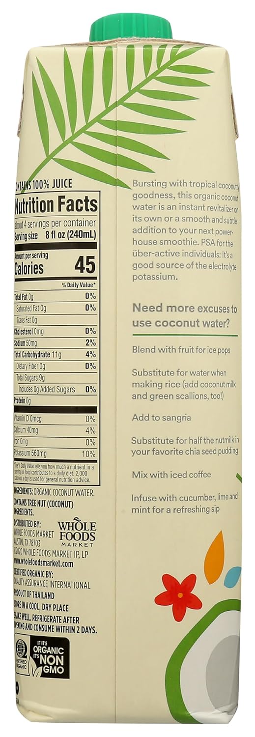 365 by Whole Foods Market, Organic Coconut Water, 100% Pulp-Free Juice, 33.8 Fl Oz