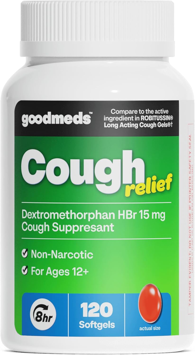 Cough Relief for Adults Softgels Dextromethorphan HBr (DXM) 15mg 8Hour, Non-Drowsy, Long-Lasting Bronchial Suppressant for Dry Cough and Chest Congestion (120 Count)