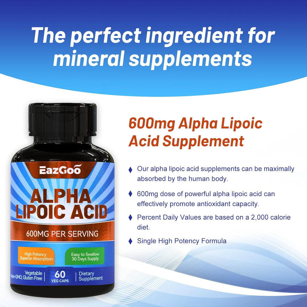 Alpha Lipoic Acid Supplement, Alpha Lipoic Acid 600mg Per Serving, Vegan, Gluten Free, Non-GMO ALA Supplement, 60 Vegetable Capsules