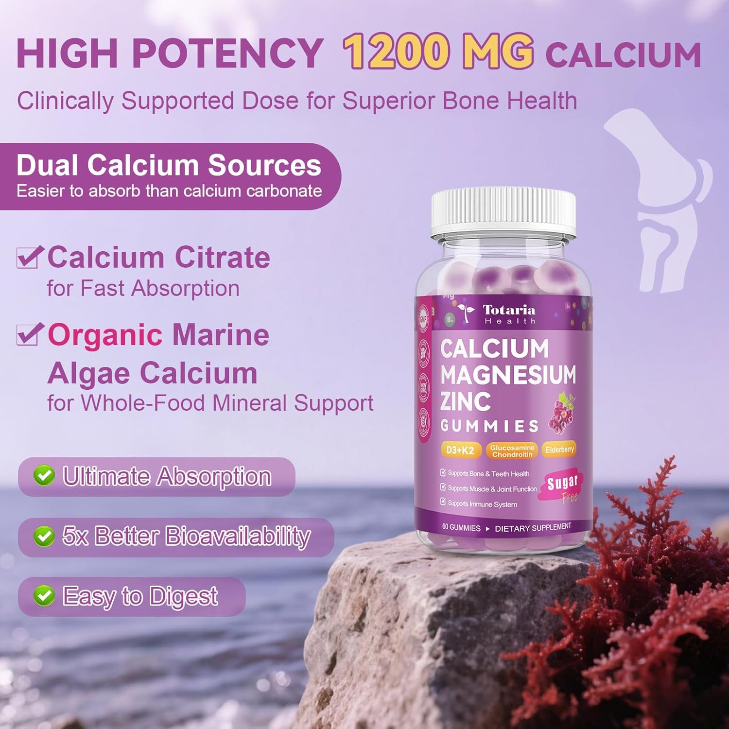 Sugar Free Calcium Magnesium Zinc Gummies for Women Men, 19-in-1 Ultimate Absorption Calcium 1200 mg with Vitamin D3 K2 w/Boron, B6, Ashwagandha, for Bone, Teeth, Immune, Joint, Calm, Vegan