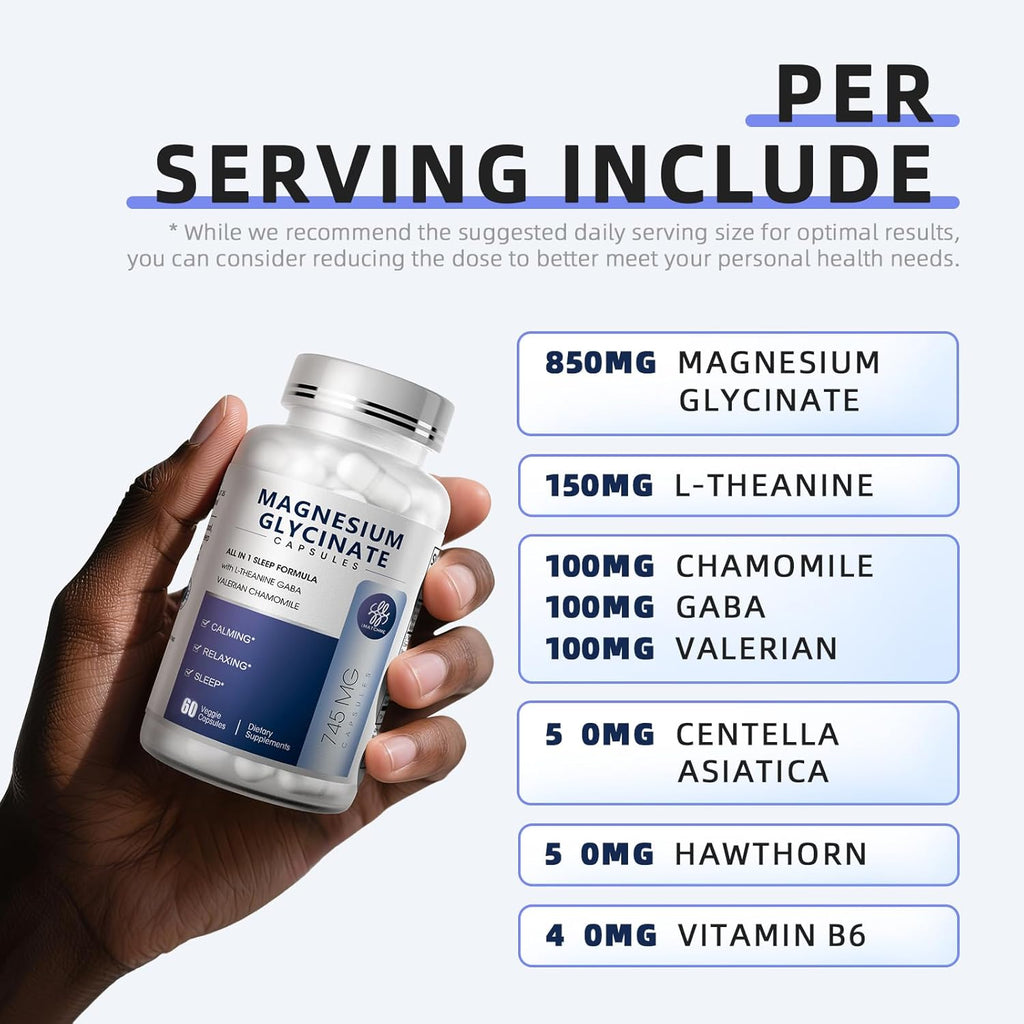 iMATCHME Magnesium Glycinate 850mg Capsules with L-Theanine, Chamomile & GABA for Sleep, Calmness, Muscle, Bone Health & Immune Support, Magnesium for Women and Men, Vegan, High-Absorption, 60 Count