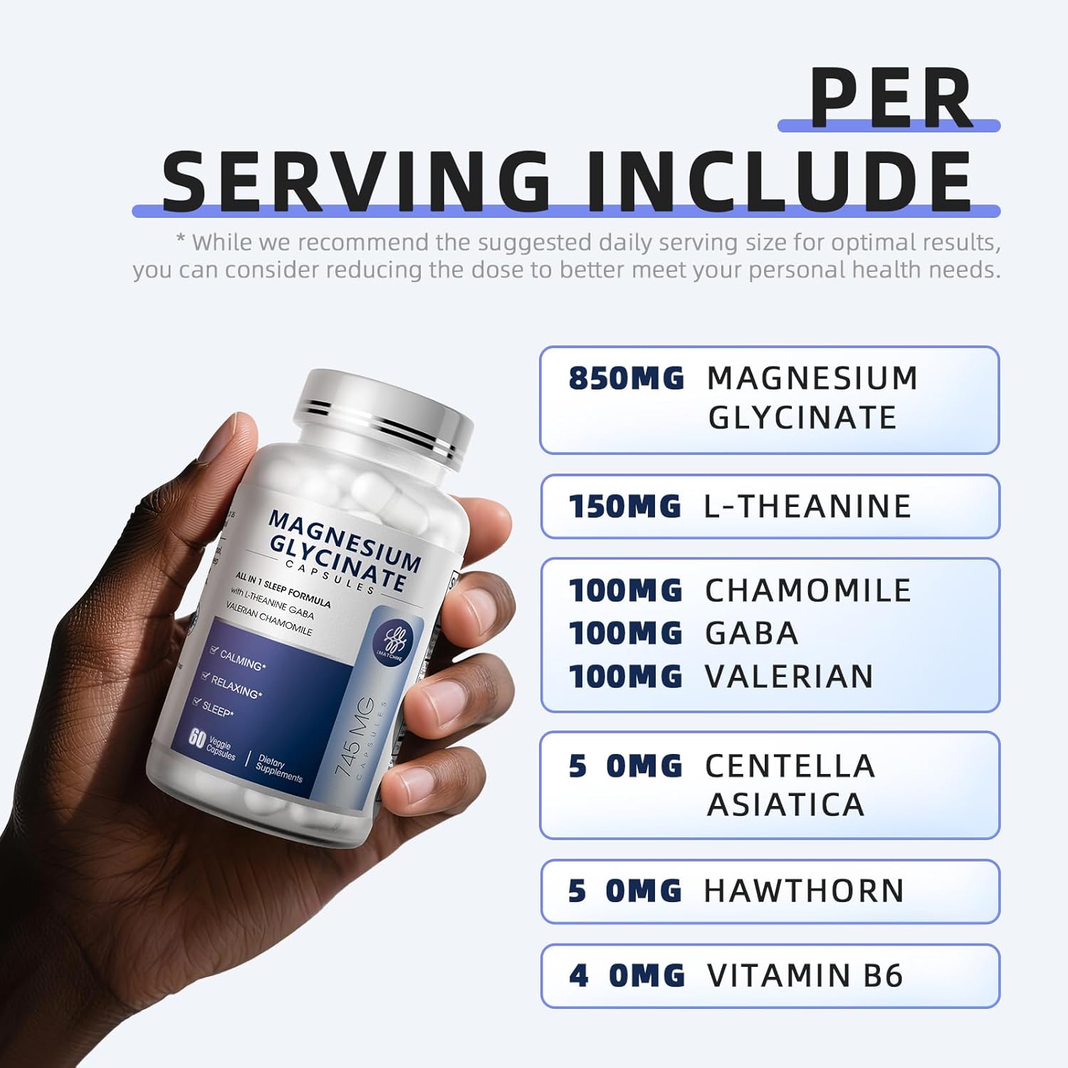iMATCHME Magnesium Glycinate 850mg Capsules with L-Theanine, Chamomile & GABA for Sleep, Calmness, Muscle, Bone Health & Immune Support, Magnesium for Women and Men, Vegan, High-Absorption, 60 Count