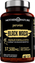 Mother Nature 37,500mg 50x Strength Organic High-Potency Peruvian Black Maca Root Capsules for Men 100% Pure Maca Peruana 50:1 Extract to Boost Stamina, Enegy, Muscle Gain - 60ct
