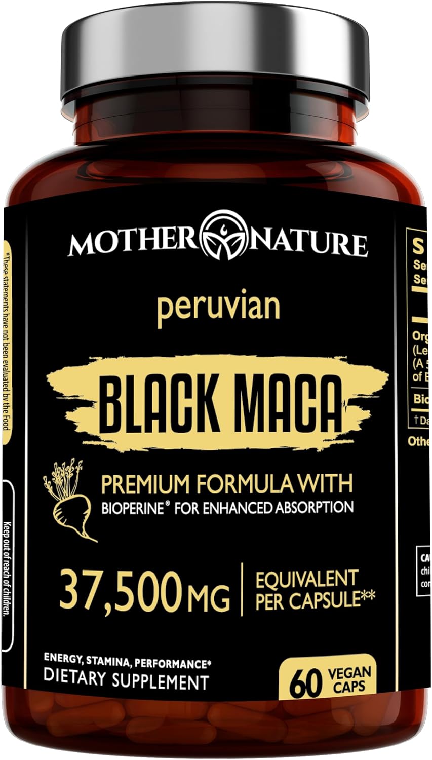 Mother Nature 37,500mg 50x Strength Organic High-Potency Peruvian Black Maca Root Capsules for Men 100% Pure Maca Peruana 50:1 Extract to Boost Stamina, Enegy, Muscle Gain - 60ct