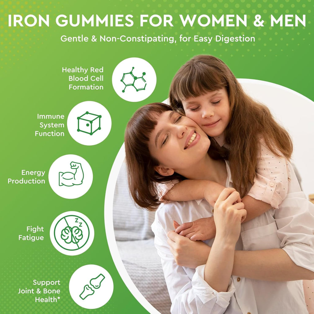 Iron Supplement Gummies for Adults & Kids - with Calcium, Zinc, Folate & Multivitamin - Blood Builder & Energy Support & Immune Health for Iron Deficiency, Anemia, Vegan -Apple & Kiwi Flavor 60 Count