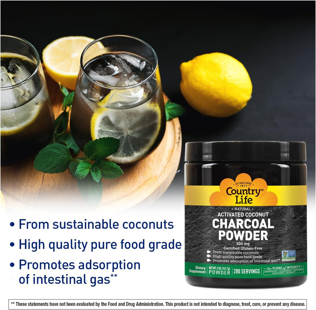 Country Life Activated Coconut Charcoal Powder 500mg – Natural Activated Charcoal for Digestive Health, Gas & Bloating Relief, DIY Uses - Non-GMO, Gluten-Free, Vegan, 5oz Powder