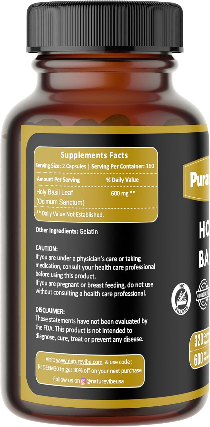 Holy Basil Premium 320 Capsules Non GMO and Gluten Free | Herbal Supplement | 600 mg Per Serving | Made with 100% Pure Herb Holy Basil Leaf