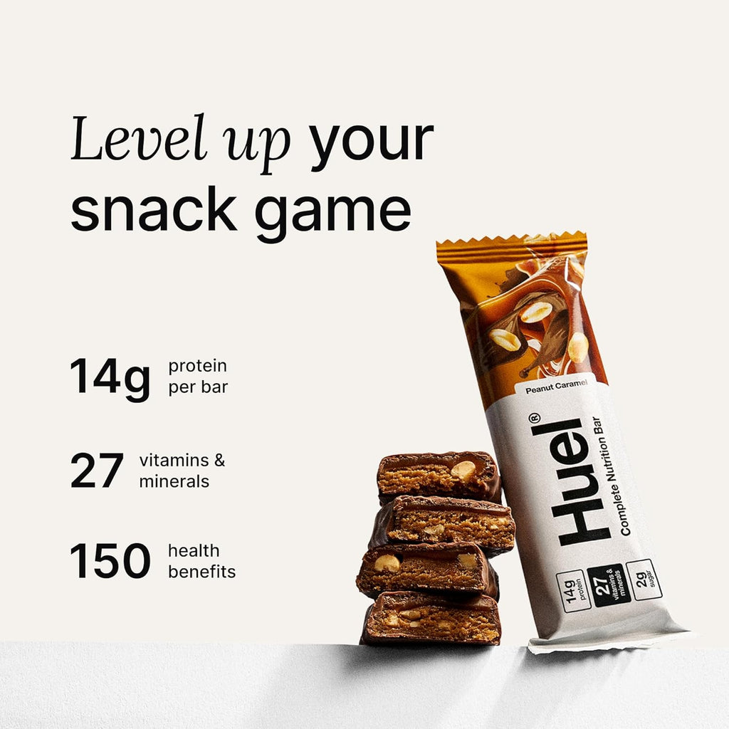 Huel Complete Nutrition Vegan Protein Bars | Peanut Caramel | 13g Protein | 27 Vitamins & Minerals, 2g Sugar, Non-GMO, 100% Plant Based Snack | 12 Pack