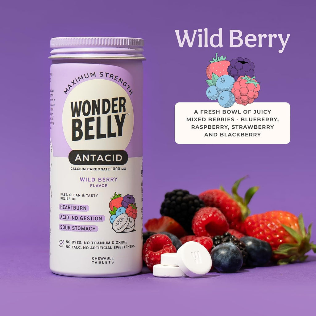 Wonderbelly Antacid Effective Heartburn and Instant Acid Indigestion Relief Extra Strength Chewable Tablets 1000 mg Calcium Carbonate No Talc or Dye Wild Berry 50 count