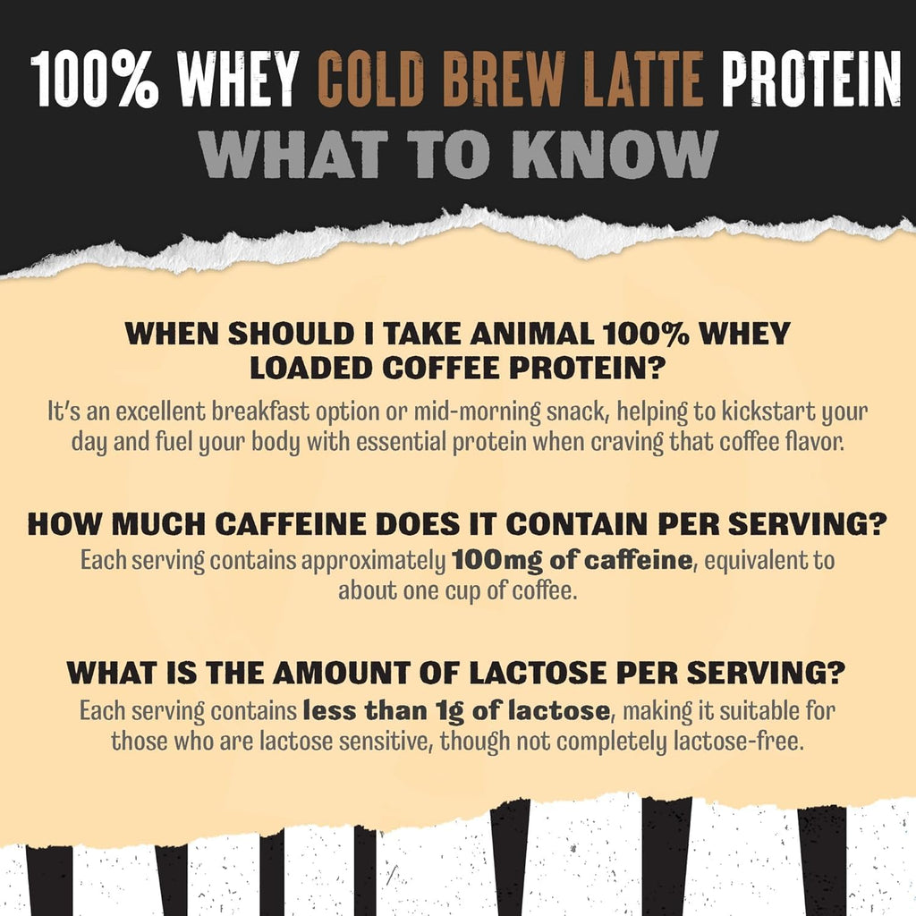 Animal 100% Whey Protein Powder Samples & Shaker Bottle – Real Instant Iced Coffee Whey + 20g of Protein, 120mg of Caffeine Meal Replacement with BCAA – Cold Brew Latte, 3 Single-Serving Packets