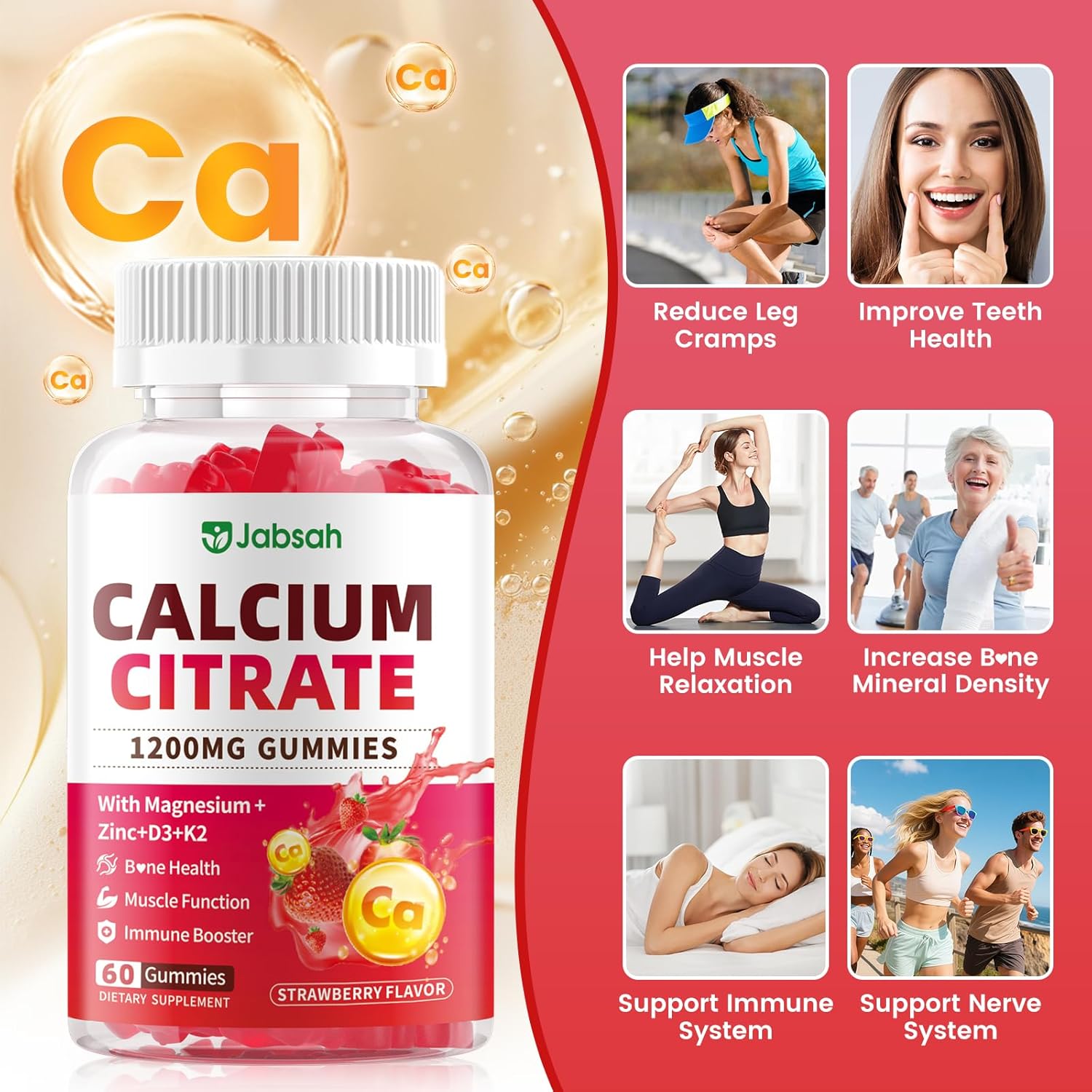 Calcium Citrate Gummies 1200mg, High Absorption Calcium Supplements with Vitamin D3, K2, Magnesium, Zinc for Bone, Muscle & Immune Support, Calcium Gummies for Women & Men, Strawberry Flavor 120 Count