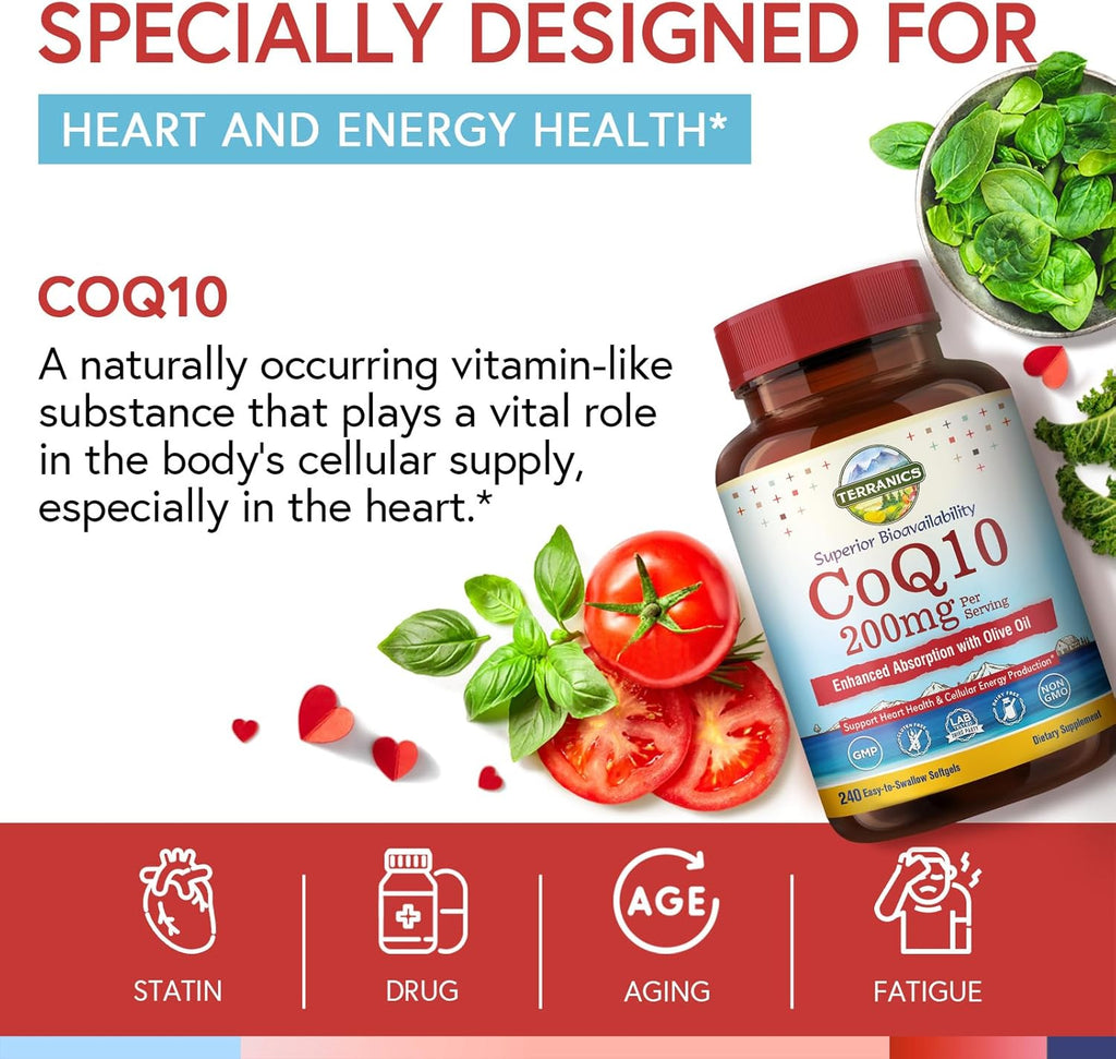 Terranics CoQ10 200mg, Coenzyme Q10 Supplement with Extra Virgin Olive Oil for Enhanced Absorption, Made in USA, Supports Heart Health, Antioxidant Protection, Energy Production, Non-GMO, 240 Softgels