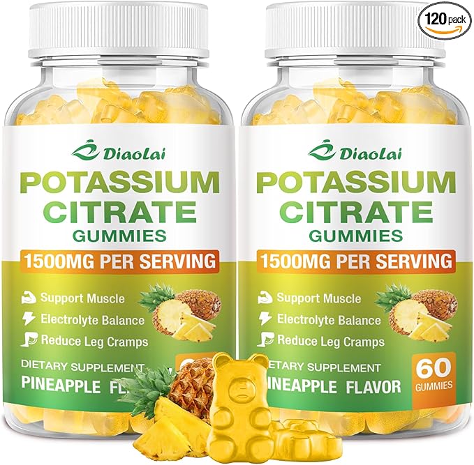 Potassium Citrate 1500mg Gummies - Potassium Supplement for Women & Men, Supports Leg Cramp Relief & Muscle Health, Vegan, Pineapple Flavor (120 Count)