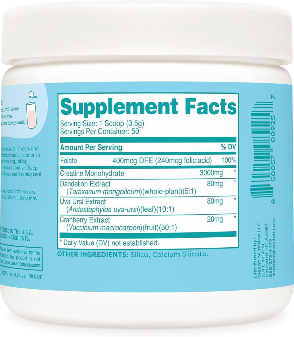 Wellah Creatine for Women - Creatine Monohydrate with Dandelion & Cranberry Extract (50 Servings, Unflavored)