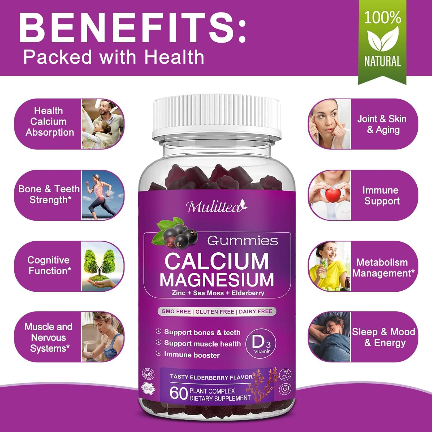 Calcium Magnesium Zinc Gummies with High Absorption Magnesium Glycinate 200mg, Potassium -Plant Calcium Supplement w/ D3 & Sea Moss for Bone, Muscles, Calm Mood & Sleep Support- Kids & adults (2 Pack)