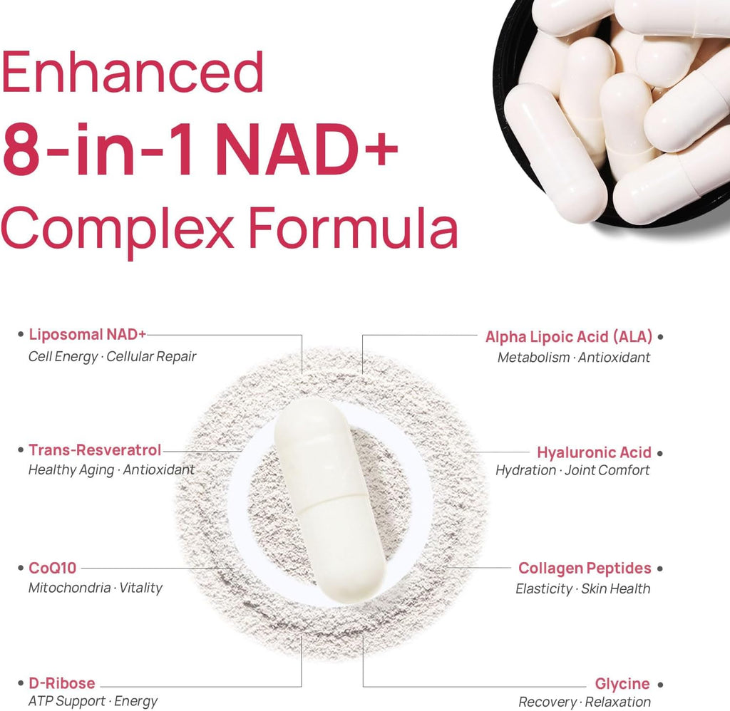NAD+ Supplement for Women - NMN Alternative with β-NAD+, Trans-Resveratrol, CoQ10, D-Ribose - Promotes Cellular Renewal, Energy, and Radiant Skin Health - 180 Capsules