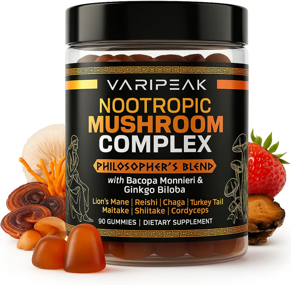 9-In-1 Nootropic Mushroom Gummies | With Lion's Mane, Reishi, Chaga, & More | Enhanced with Bacopa Monnieri & Gingko Biloba | For Focus & Memory | 90 Ct | Sugar Free & Vegan | for Men and Women