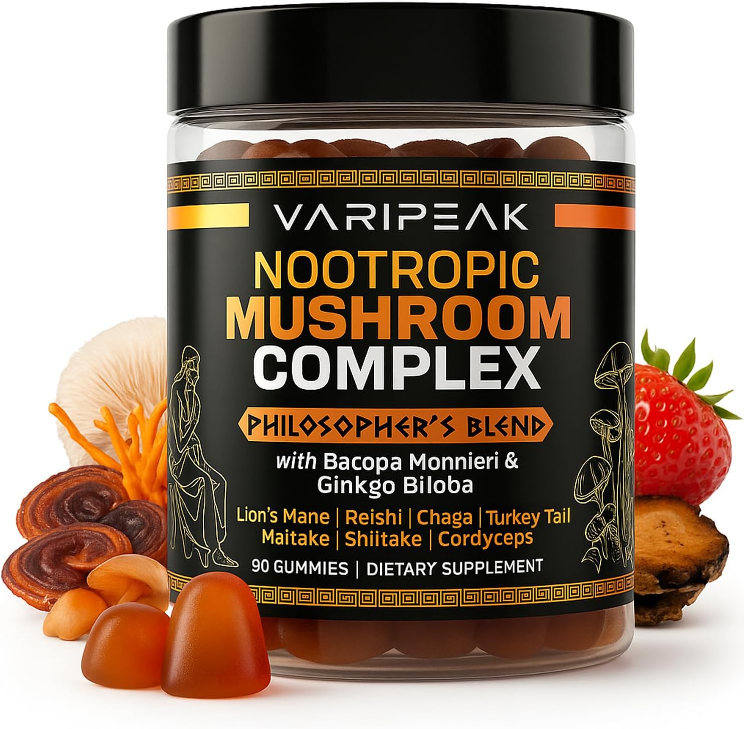 9-In-1 Nootropic Mushroom Gummies | With Lion's Mane, Reishi, Chaga, & More | Enhanced with Bacopa Monnieri & Gingko Biloba | For Focus & Memory | 90 Ct | Sugar Free & Vegan | for Men and Women