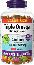 Webber Naturals Triple Omega 3-6-9, 2400 mg Fish Oil Per Serving, High Potency, 180 Softgels, No Fishy Aftertaste, Ultra-Purified, for Heart, Brain and Cardiovascular Health, Shellfish-Free