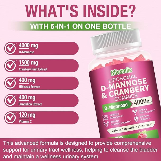 2 Pack Liposomal D-Mannose Gummies 4000mg Complex Cranberry 1500mg & Hibiscus,High-Potency Formula for Women Urinary Tract & Immune Support,Liver, Bladder Flush Cleanse Wellness Supplement