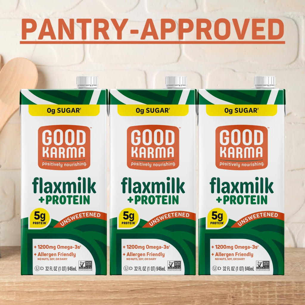 Good Karma Unsweetened Flaxmilk +Protein, 32 Ounce (Pack of 6), 5g Plant Protein + 1200mg Omega-3 Per Serving, Plant-Based Non-Dairy Milk Alternative, Lactose Free, Nut Free, Vegan, Shelf Stable