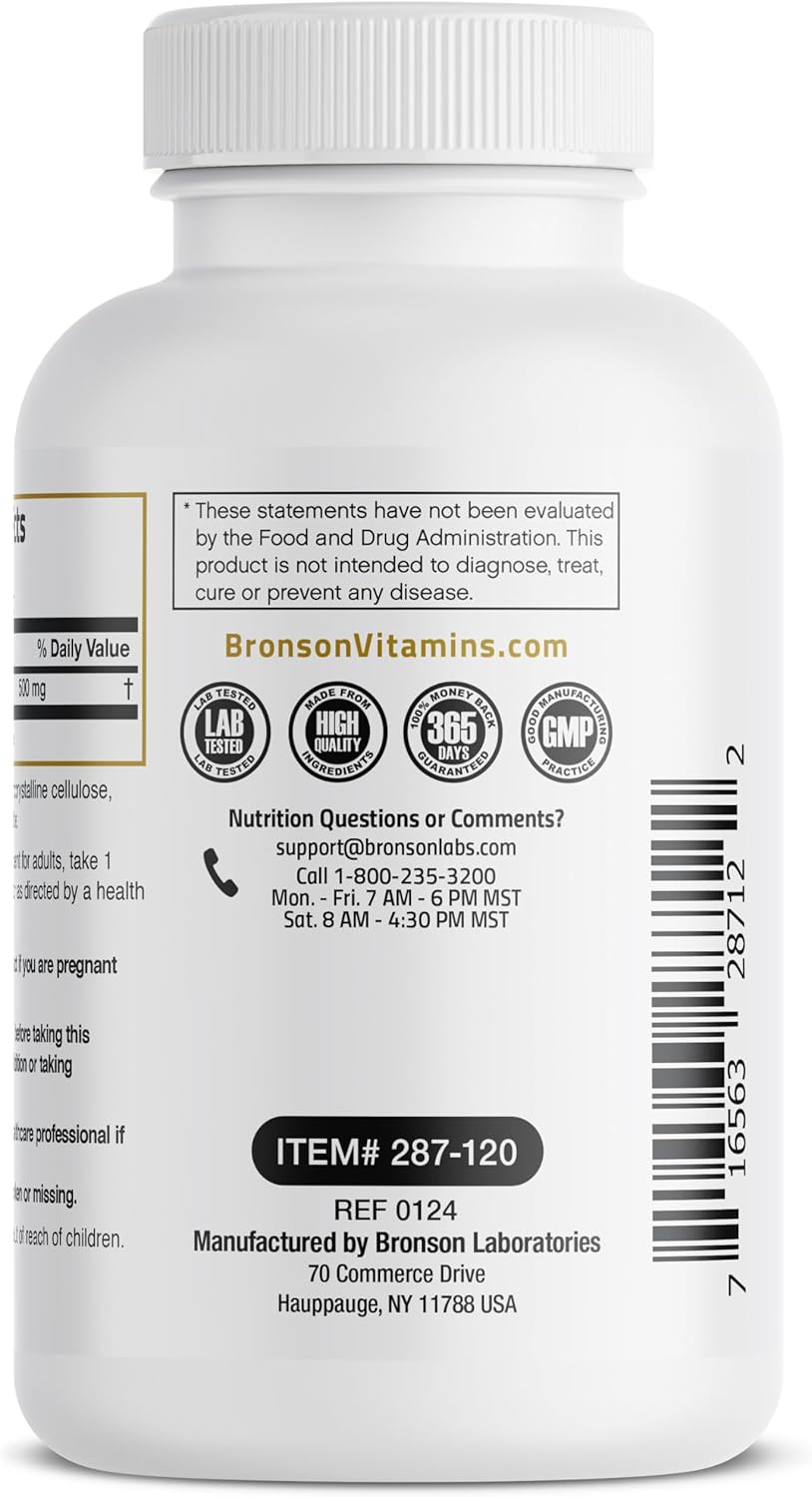 Bronson Acetyl L-Carnitine 500 MG High Potency Amino Acid Non-GMO, 120 Capsules