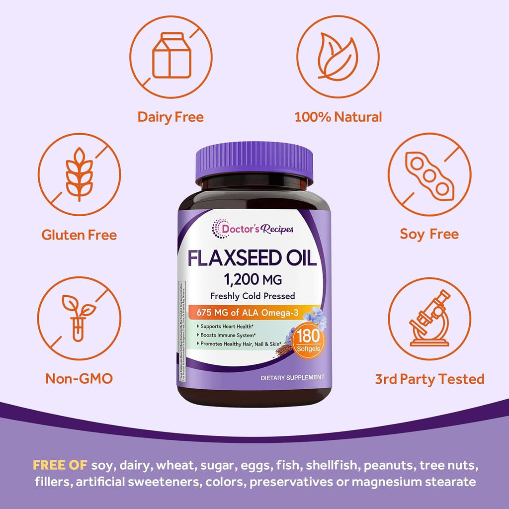 Doctor's Recipes Flaxseed Oil, 1200 mg, Freshly Cold Pressed, High in ALA, Omega 3 6 9, No Gluten, No Soy, for Heart Health, Non GMO, 180 Softgels